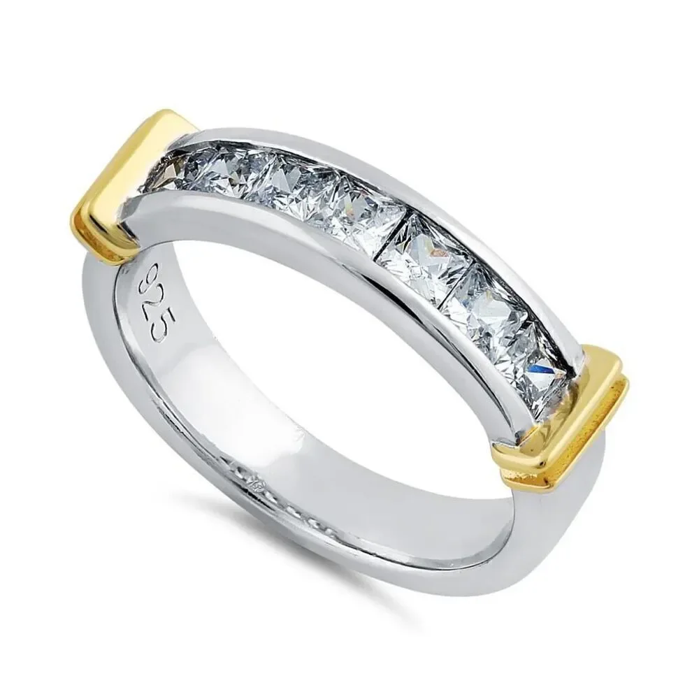 Sterling Silver Men's Two Tone Yellow Gold Wedding Band CZ Ring New
